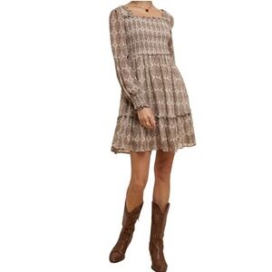 Womens Smocked Babydoll Dress Square Neck Cottage Prairie Peasant Boho Small NWT